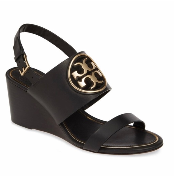 TORY BURCH | Metal Miller 65mm Wedge Perfect Black Gold Size 11 Heel Sandal Mule - Picture 1 of 14
